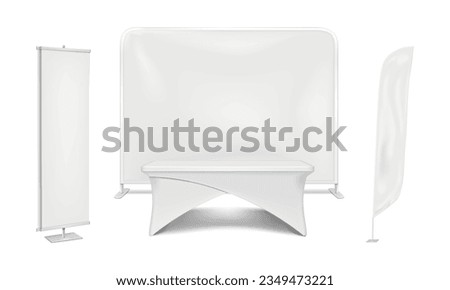 Exhibition set template. Blank white promotional table, feather flag, double-sided vinyl banner stand and backdrop banner display vector mock-up. Business trade show mockup kit Royalty-Free Stock Photo #2349473221