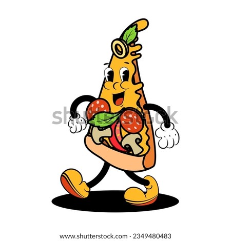 Vector illustration of a cute smiling pizza slice in retro groove style, in stylish colors