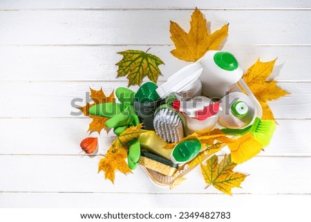 Autumn cleaning flatlay, advertising banner mockup for autumn cleaning campaign. Set of various detergents, bottles, spray, accessories, utensils, white wooden background with autumn leaves and decor