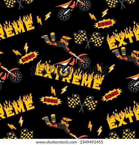 Motorbike jump cartoon pattern design .motorcycle extreme pattern for kids clothing, printing, fabric ,cover.motorcycle extreme dirty seamless pattern.