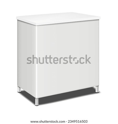 Blank white rectangular portable exhibition counter with metal legs vector mockup. Trade show promotional table display stand realistic mock-up. Template for design Royalty-Free Stock Photo #2349516503