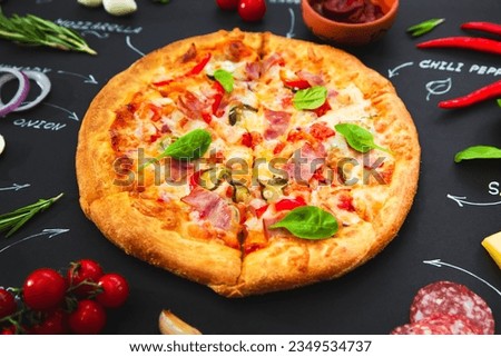 Pizza, ingredients and product names written in chalk on a black background. Banner, menu, recipe.