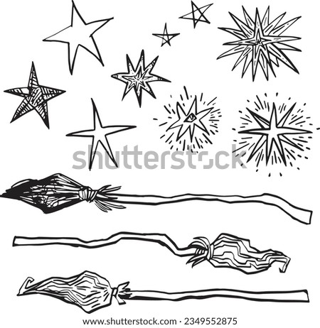 Vector set of hand drawn magic items flying broom and stars. Occult theme halloween clip art witch magic symbols. Line drawing minimalistic black outline ink style engraving graphics primitive flat