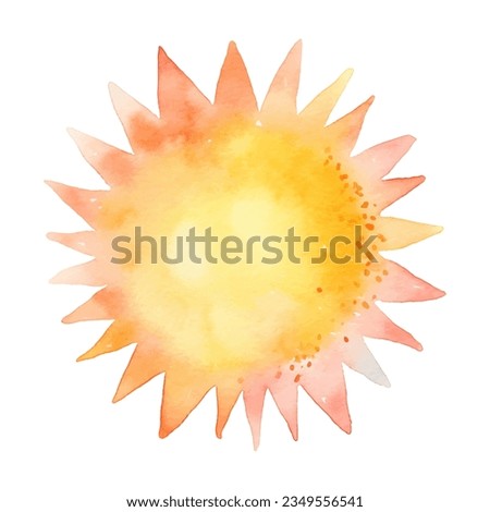 Watercolor vector sun. Rising sun, sunset. Fire colors round shape, watercolour stains. Clip art image.