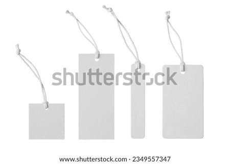 Various shape of blank white paper label or cloth tag set isolated on white background. Price tag mockup template with copy space for brand, information. Shopping, sale concept, black friday sale. Royalty-Free Stock Photo #2349557347