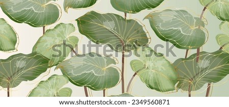 Green tropical background with leaves and gold outline. Watercolor background for decor, wallpapers, covers, cards and presentations.