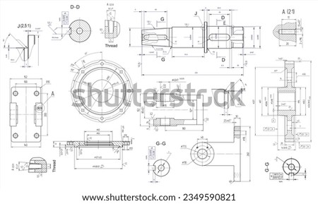 Vector engineering drawing of a steel mechanical parts with through holes.
Industrial cad scheme on white paper sheets. Technology background. Royalty-Free Stock Photo #2349590821