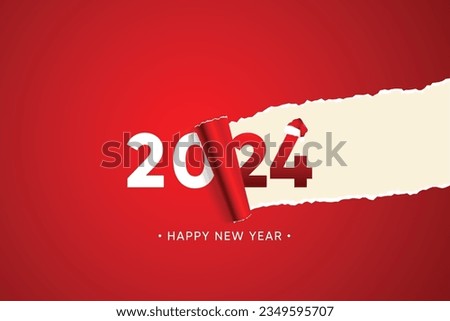 Red paper tearing effect in 2023 as we move to 2024, with a santa claus hat. "happy new year" Royalty-Free Stock Photo #2349595707