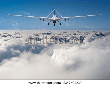 Bayraktar tb2 unmanned aerial vehicle gliding through the clouds. Bayraktar tb-2 combat drone in flight over the clouds. Royalty-Free Stock Photo #2349604233