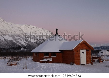 Norway polar night pink sky winter snow house lonely solitude mountains settlement village highland ice arctic Nordic Scandinavian landscape Royalty-Free Stock Photo #2349606323