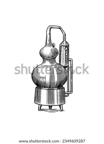 Distilled alcohol. Device for preparing tequila, cognac and spirits. Engraved hand drawn vintage sketch. Woodcut style. Vector illustration for menu or poster. Royalty-Free Stock Photo #2349609287