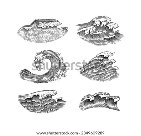 Atlantic tidal waves. Vintage old engraved hand drawn labels. Marine and nautical or sea, ocean background for banner or poster. set of Isolated vector illustration. Royalty-Free Stock Photo #2349609289