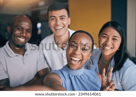 Work selfie, portrait and business people with a peace sign for office teamwork and company friends. Smile, corporate and diversity with employees taking a photo together for happiness and bonding