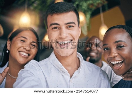 Employees, selfie and business people with diversity, happiness and profile picture for about us, post or social media. Happy, portrait or group in Colombia office with smile for working together