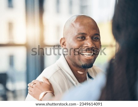 Support, businessman and woman with hand on shoulder in care, kindness and empathy at work together. Teamwork, gratitude and smile, motivation for happy black man and manager in office collaboration.