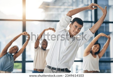 Team building, stretching and a team of business people in the office to workout for health or mobility together. Exercise, fitness and training with an employee group in the workplace for a warm up Royalty-Free Stock Photo #2349614103