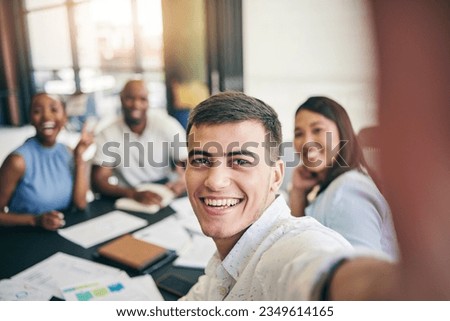 Selfie, portrait or happy businessman in meeting taking photo to post on social media together. Smile, team building or excited employees with teamwork in a fun profile picture as office friends