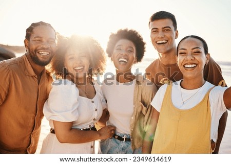 Selfie, beach and friends with vacation, smile and post with adventure, tropical island and travel. Portrait, people and group with profile picture, seaside holiday and lens flare with social media