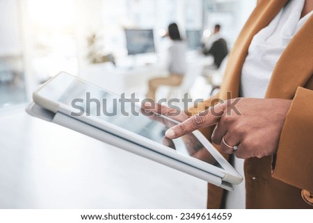 Hands, web design or businesswoman typing on tablet in office, working on email or research project online. Social media, tech or female editor editing or writing reports update on internet or blog
