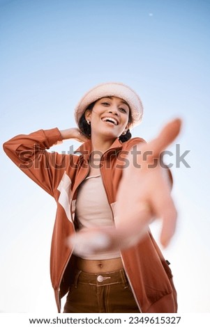 Portrait, woman smile and offer helping hand to welcome outdoor on low angle mockup space. Happy, palm and person giving assistance for support, care or acceptance of handshake sign for invitation Royalty-Free Stock Photo #2349615327