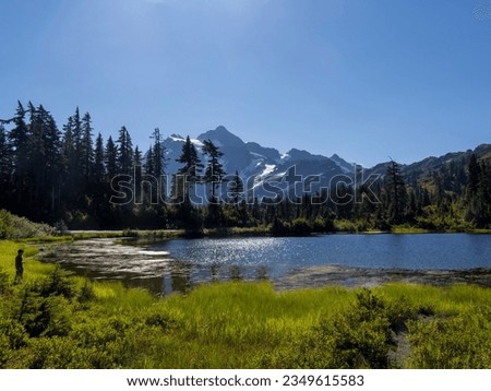 Picture Lake in the summer at Mt Baker, a postcard-worthysight. The lake glassy surface reflects the towering peaks of surrounding mountains, creating a picture perfect mirror effect, Washington, USA
