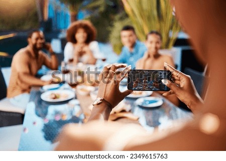 Phone photography, outdoor and friends in restaurant to relax on holiday vacation in summer together. Memory, social media or people eating or taking pictures at table for lunch, food or brunch meal