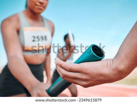 Woman, team and hands with baton in relay, running marathon or sports fitness on stadium track. Closeup of people holding bar in competitive race, sprint or coordination for teamwork or performance Royalty-Free Stock Photo #2349615879