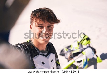Sports, selfie and portrait of man with motorcycle for training, adventure and freedom in desert. Adrenaline, travel and person with motorbike take picture for social media, online post and update