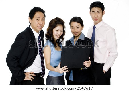 A small group of four young asian businessmen and women on white background
