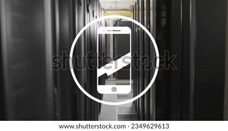 Image of smartphone icon against computer server room. Global networking and business data storage technology concept