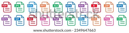 File formats big icon collection. File format of document icons set. PDF, JPG, DOC, PPT, XLS, MP4, RAR, AI, ZIP, MP3, MPV, GSF and others - stock vector. Royalty-Free Stock Photo #2349647663