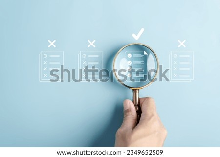 Quality Certificate and Checklist document inspecting target marketing planning assignment with quality management. Standardization, certification. Compliance to regulations service and standards. Royalty-Free Stock Photo #2349652509