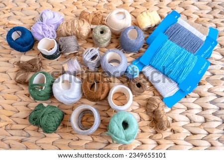 multicolored skeins, balls of wool and acrylic yarn for darning, Yarn Crafting for Beginners, Creative Darning Techniques, Contemporary Knitting Royalty-Free Stock Photo #2349655101