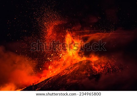 Mount Etna produces fountain of lava and ash during continued eruption. Royalty-Free Stock Photo #234965800