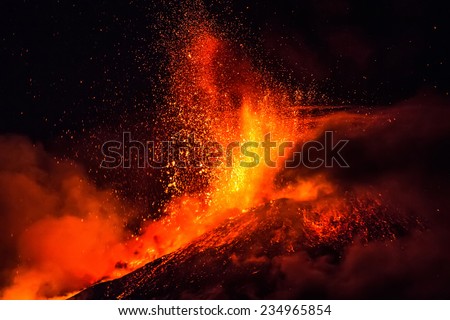 Mount Etna produces fountain of lava and ash during continued eruption. Royalty-Free Stock Photo #234965854