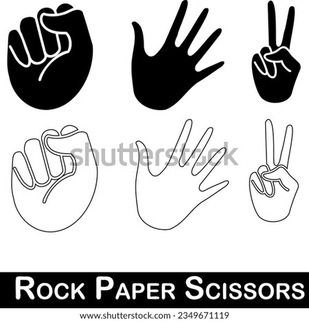 Rock Paper Scissors. A dynamic black and white vector illustration showcasing the classic hand gestures of the popular game. Perfect for designs related to games, competition, and decision-making