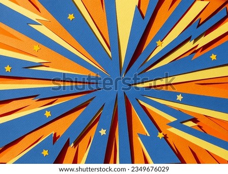 Handmade paper cutout pop art comic background. Cartoon flat style. In yellow, orange and blue color. Lightning. Concept.  Royalty-Free Stock Photo #2349676029