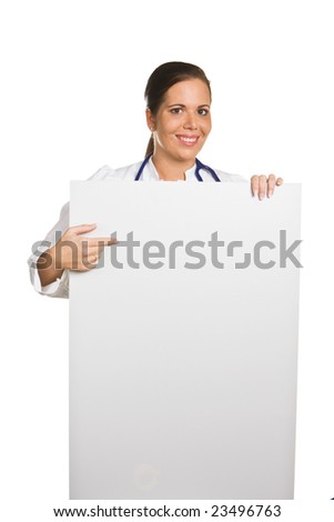 friendly doctor with an empty white poster
