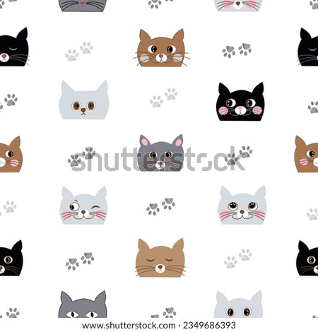 Cute cartoon hand drawn cats. Seamless fabric design pattern white background 