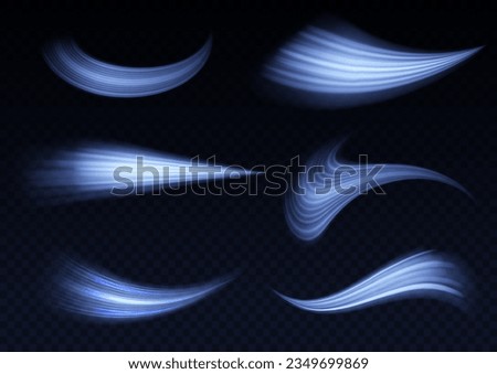 Glowing spiral lines effect. Curved line light. Glittering wavy trail. Swirling glow neon trails. Rotating shining waves of speed. Sparkling swirl with flare sparkles. Dynamic blue motion wave, vector