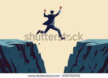 Vector illustration of businessman jumping over the abyss, financial risk, сhallenge, success and leadership concept Royalty-Free Stock Photo #2349702455