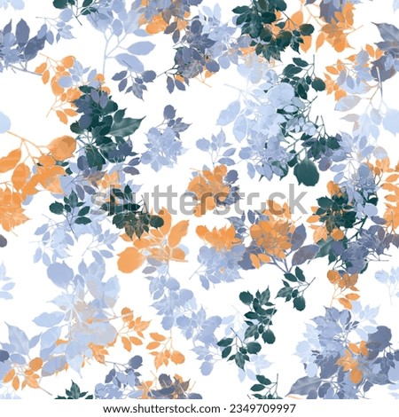 Blue, violet and orange tree branches with leaves on the white background. Seamless pattern.