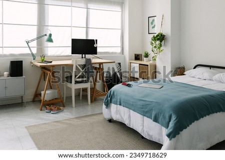 Teenager bedchamber. Bright cozy adolescent bedroom with bed and desk workplace