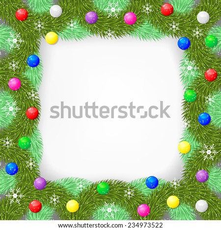 Vector illustrations of  Christmas frame for congratulations of fir branch decorated multicolor balls and snowflakes