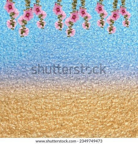 Sea blue gold background image decorated with sweet pink flowers as background.