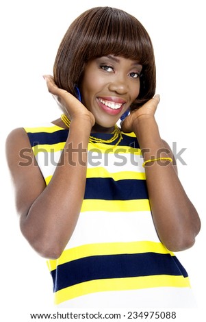 Beautiful Young African Woman Dressed in Striped Casual Dress, Isolated on White Background