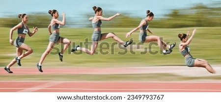 Sports, long jump and sequence of woman on race track in stadium for exercise, training and workout. Fitness, fast and female athlete in action with motion blur for challenge, competition and jumping