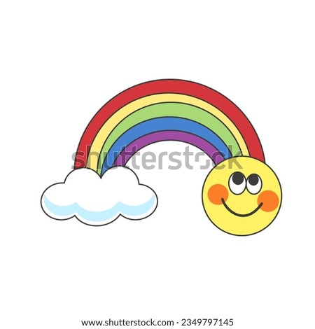 Rainbow sticker with a cloud and a joyful emoticon. Vector illustration.