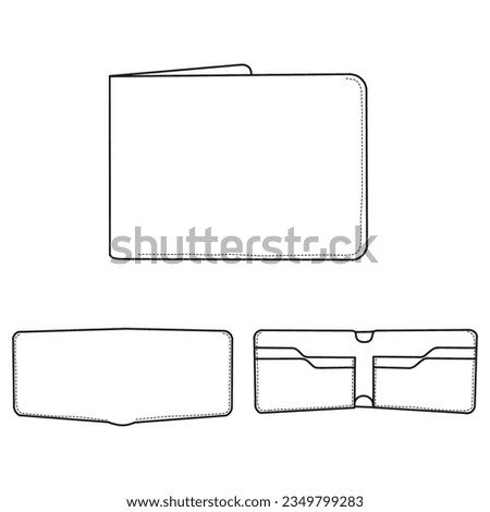 Technical drawings of bifold leather wallet card case open outline vector in front and back view, Isolated on white background. Template vector illustration for your leather bifold wallet design mod 2