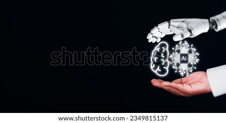 Businessman hand and robot hand holding brain and ai icon over black background suitable for cloud computing,AI (Artificial intelligence),futuristic,innovation,technology idea.